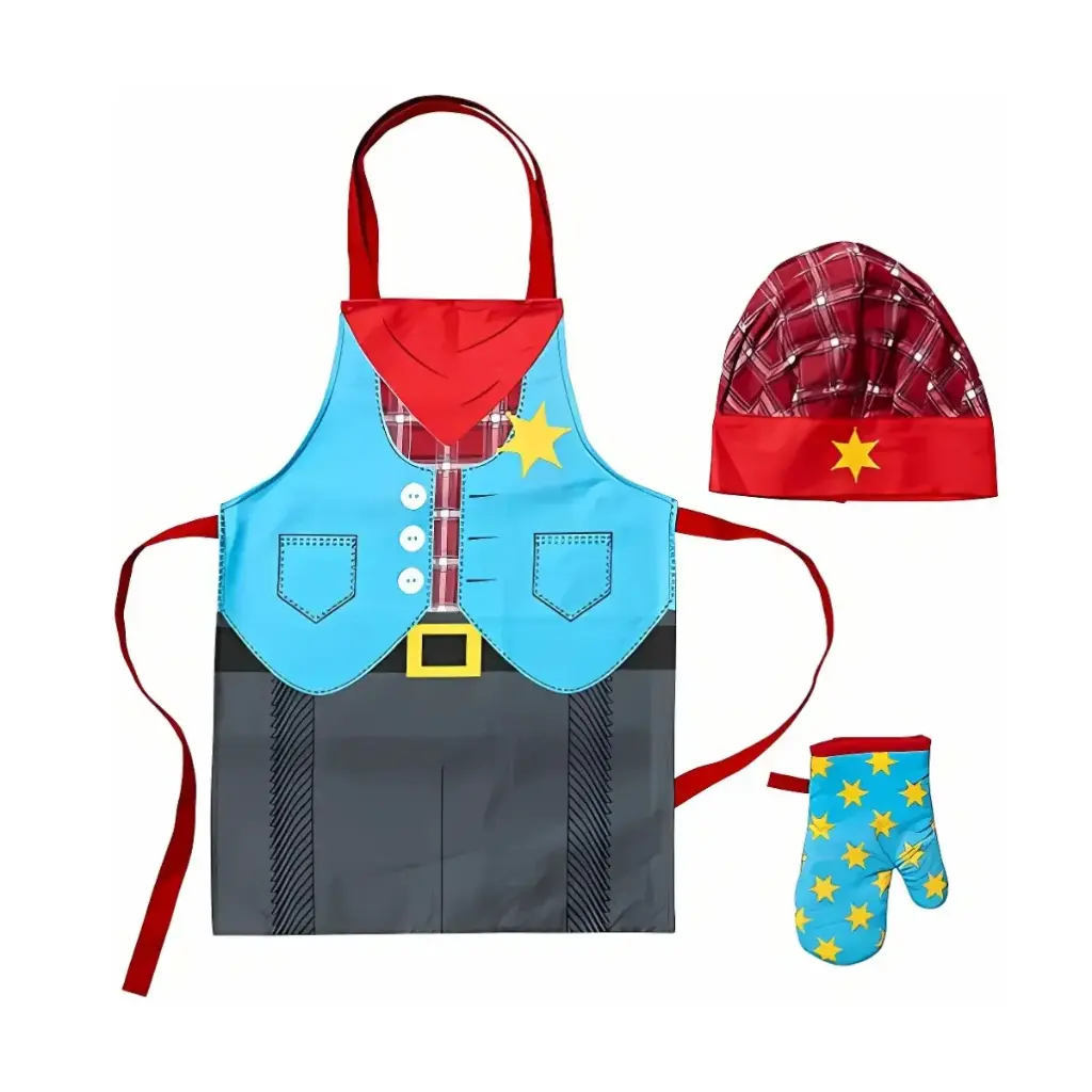 [LA15602] Barneforklesett med forkle, lue og ovnsvott (Cowboy)